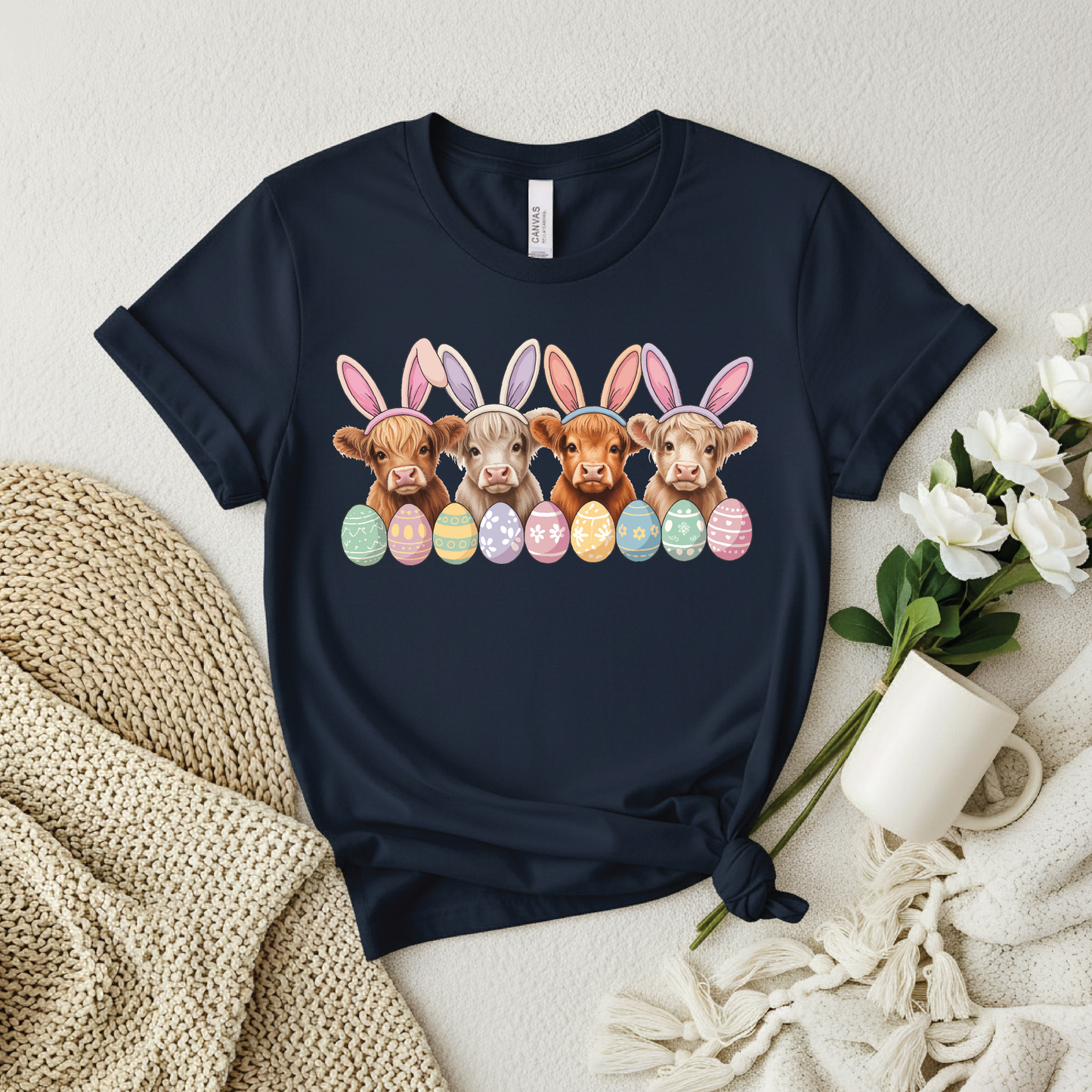 Easter Puppy Bunnies T-Shirt - Cute Highland cow with Bunny Ears & Eggs shirt