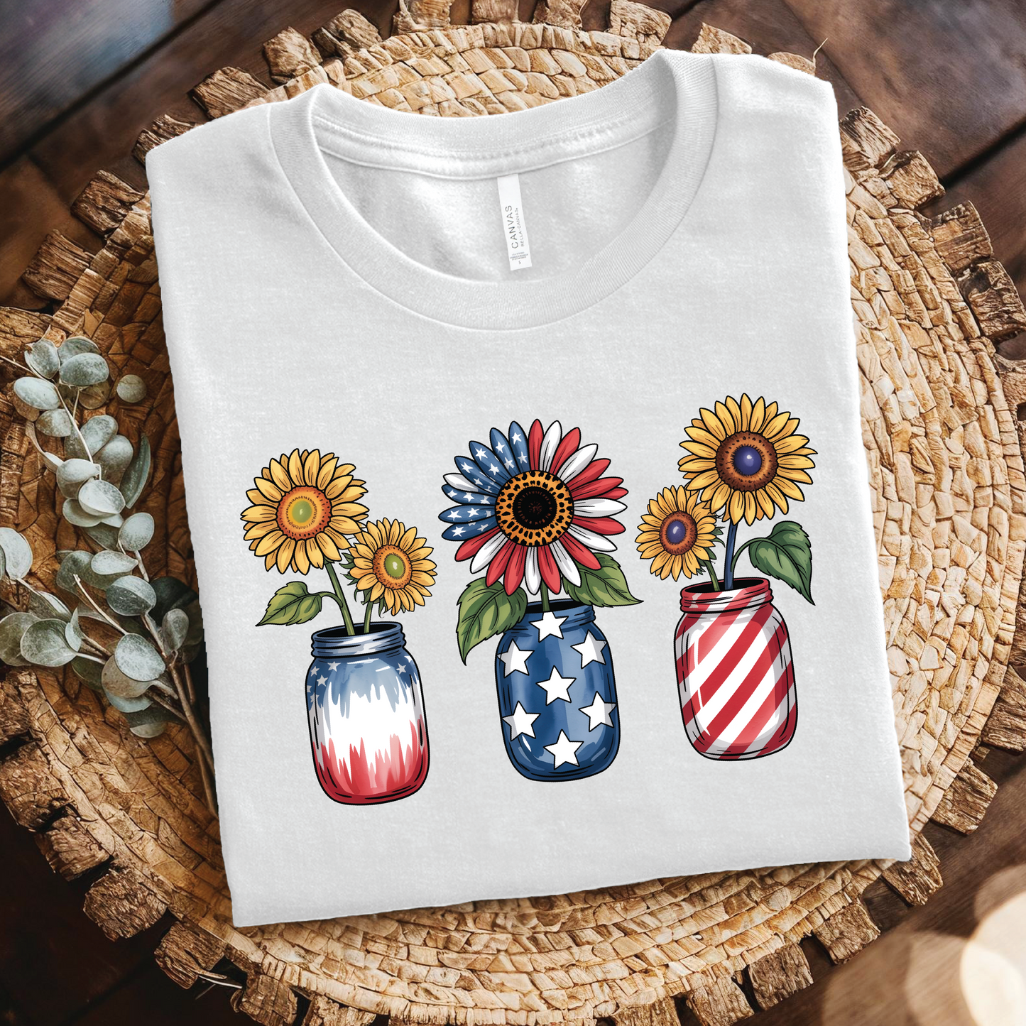 Patriotic Sunflower T‑Shirt - Mason Jars with American Flag shirt