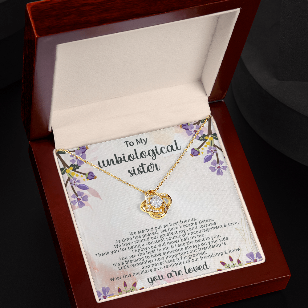To My Unbiological Sister Love Knot Necklace – Soul Sister Gift – Meaningful Friendship Jewelry with Message Card