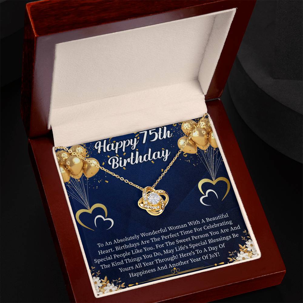 Happy 75th Birthday Love Knot Necklace – Meaningful 75th Birthday Gift for Her – Elegant Jewelry with Message Card