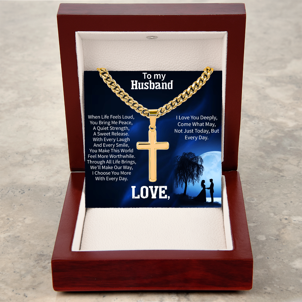 Artisan Cross Necklace for Husband – To My Husband Gift – Cuban Link Chain Jewelry for Anniversary or Birthday