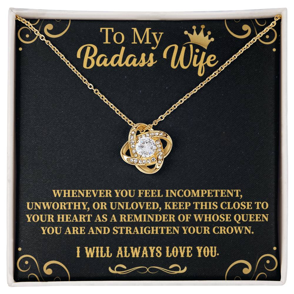badass wife necklace displayed with a confident heartfelt message card