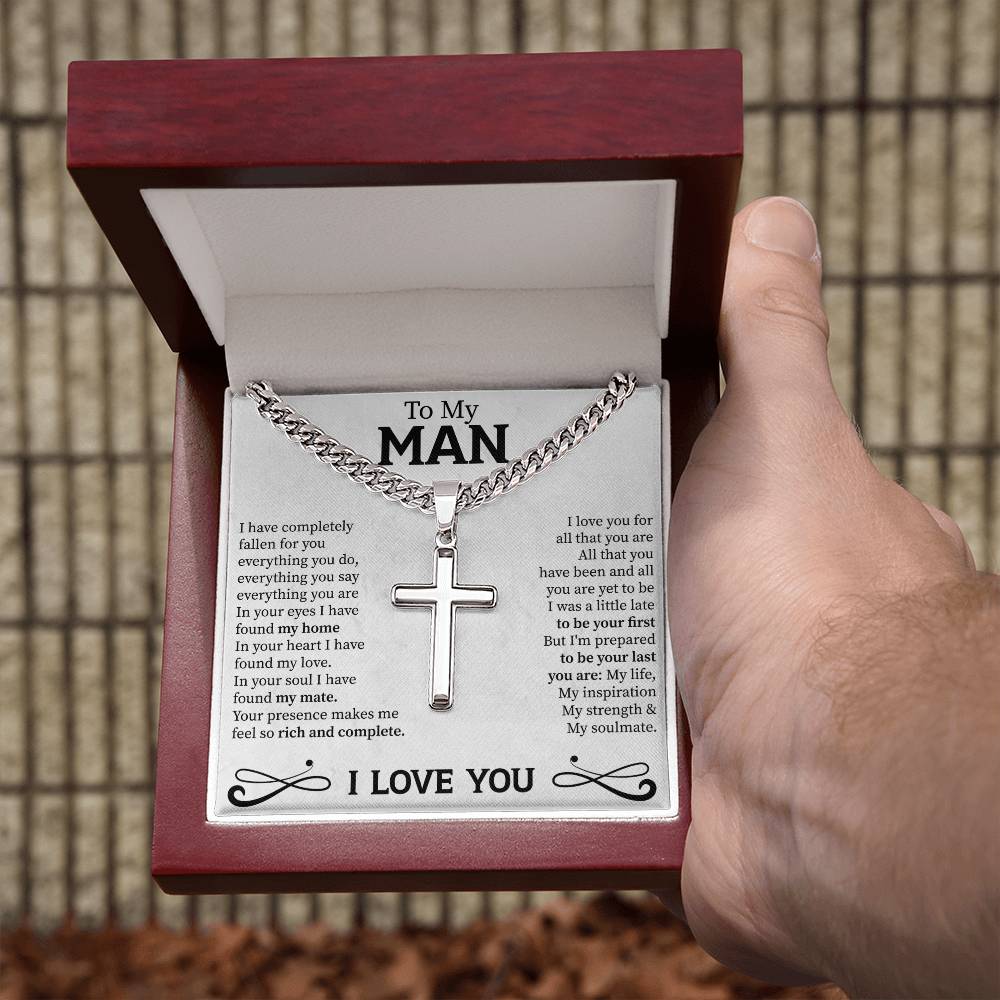 To my man Cuban Link Chain with Engraved Artisan Cross - Beauty Belliss