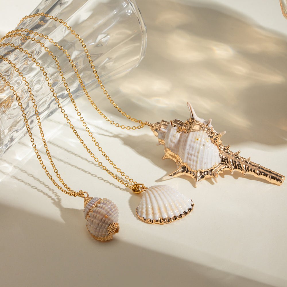 18K Gold Stainless Steel Thin Chain Necklace with Conch Shell Pendant - Beauty Belliss