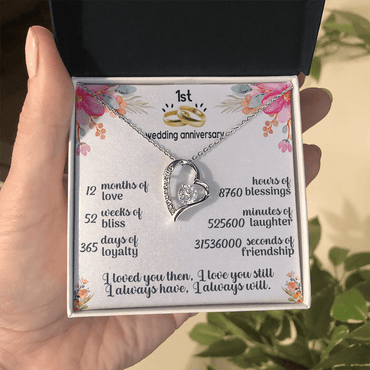 first wedding anniversary necklace presented in a gift box for a romantic surprise