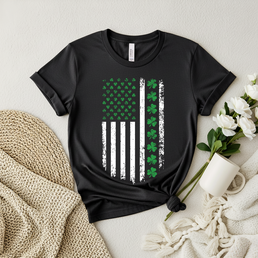 St. Patrick's Day Shamrock Flag T-Shirt - Green Clover American Flag shirt, Irish Celebration Shirt