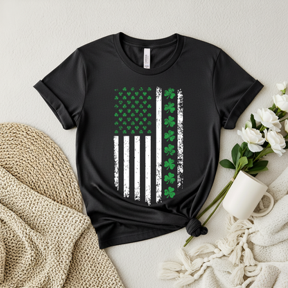 St. Patrick's Day Shamrock Flag T-Shirt - Green Clover American Flag shirt, Irish Celebration Shirt