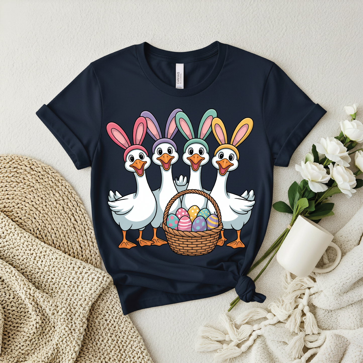 Cute Goose with Bunny Ears & Egg Basket T-Shirt - Funny Easter Goose T Shirt, Cute Easter Animal Shirt