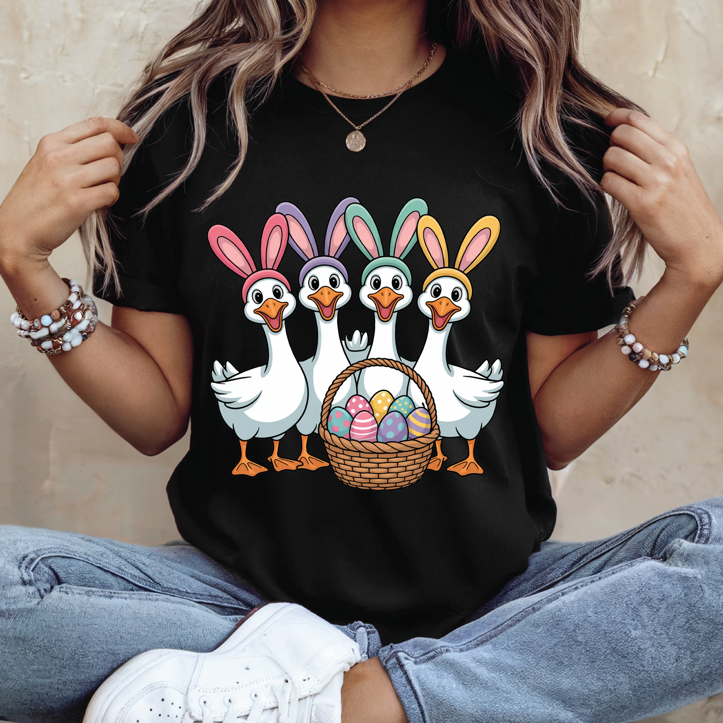 Cute Goose with Bunny Ears & Egg Basket T-Shirt - Funny Easter Goose T Shirt, Cute Easter Animal Shirt