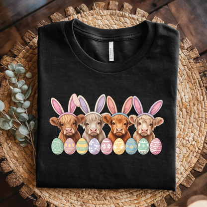 Easter Puppy Bunnies T-Shirt - Cute Highland cow with Bunny Ears & Eggs shirt