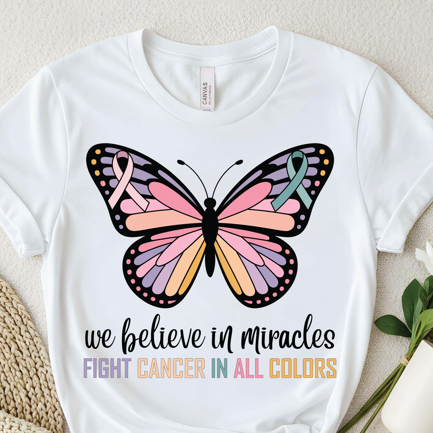 Butterfly Cancer Awareness T-Shirt - We Believe in Miracles" Multicolor Fight Cancer shirt