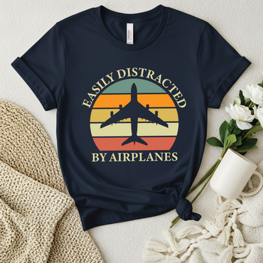 Airplane Lover T‑Shirt - Easily Distracted by Airplanes shirt, Retro Sunset shirt