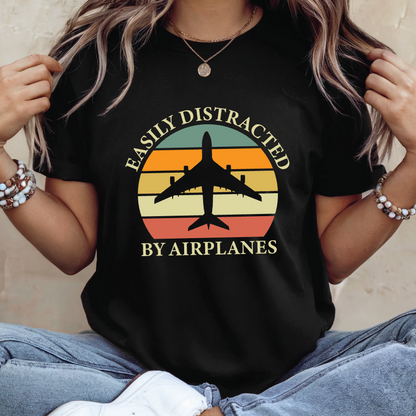 Airplane Lover T‑Shirt - Easily Distracted by Airplanes shirt, Retro Sunset shirt