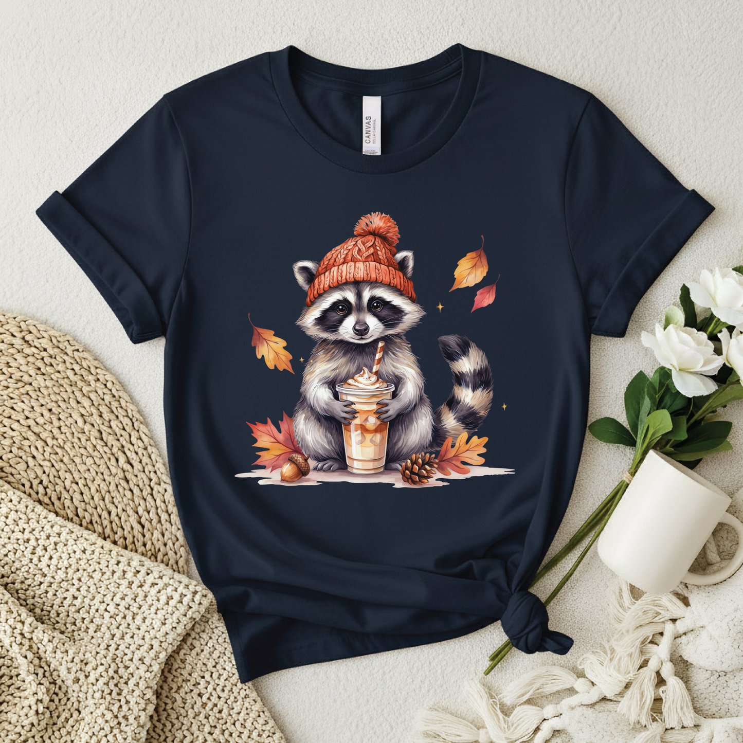 Autumn Raccoon Coffee Shirt - Cute Fall Animal T-Shirt,Cozy Autumn Fall Animal Lover