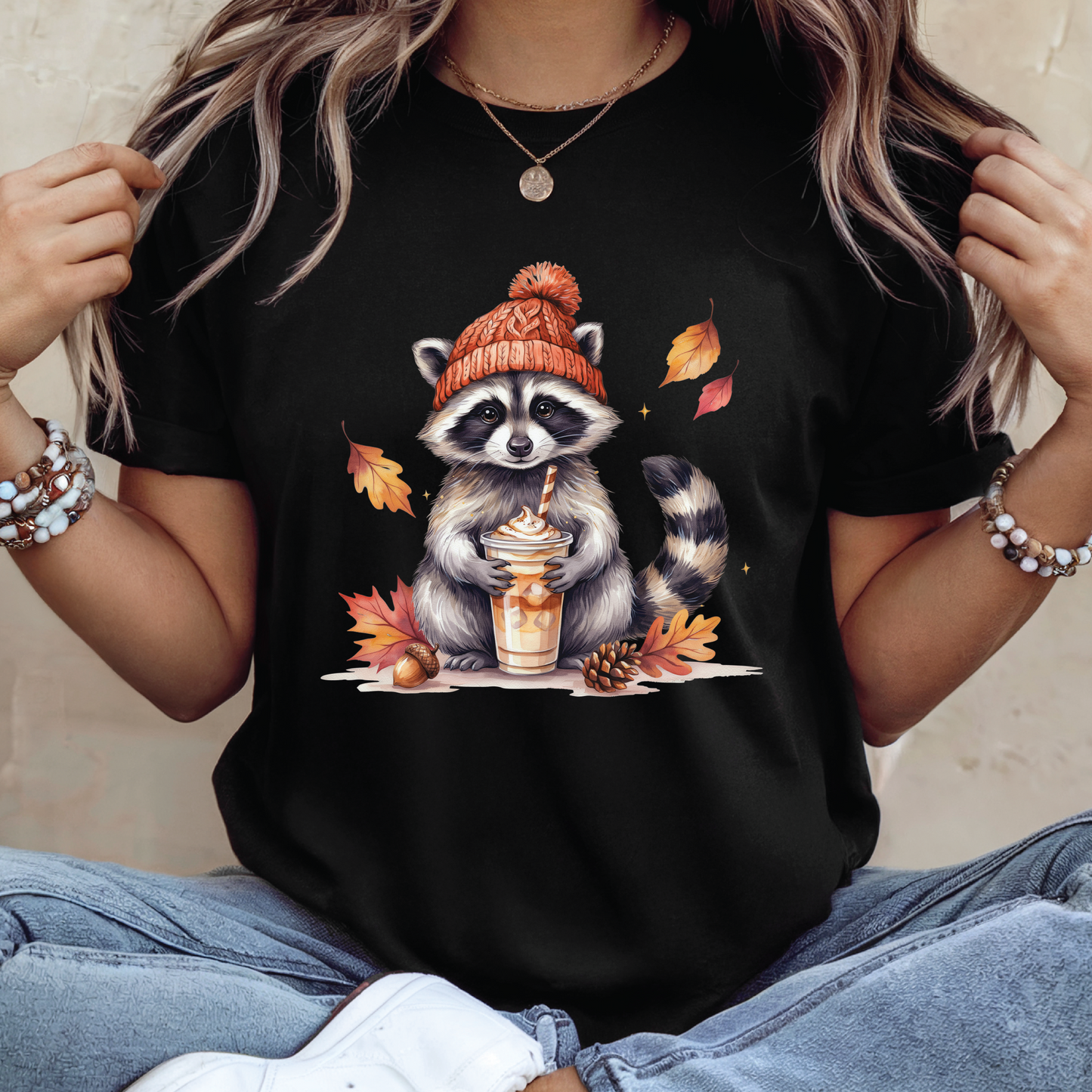 Autumn Raccoon Coffee Shirt - Cute Fall Animal T-Shirt,Cozy Autumn Fall Animal Lover