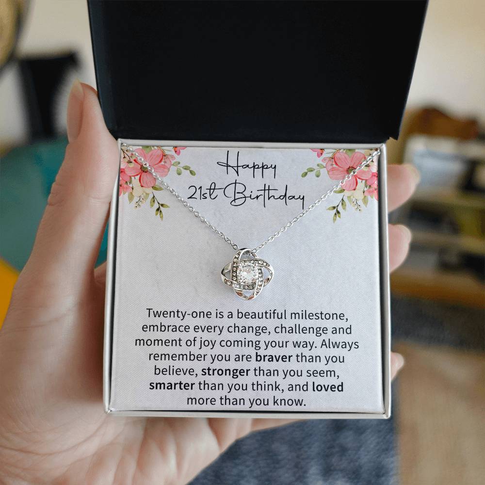 elegant love knot necklace presented in a gift box for a 21st birthday celebration