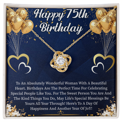 Happy 75th Birthday Love Knot Necklace – Meaningful 75th Birthday Gift for Her – Elegant Jewelry with Message Card