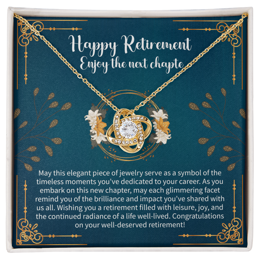 Happy Retirement Love Knot Necklace – Retirement Gift for Women – Meaningful Jewelry with Message Card