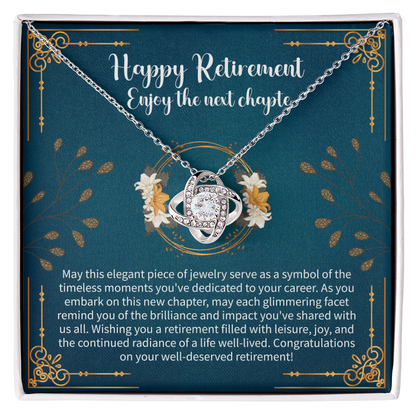 Happy Retirement Love Knot Necklace – Retirement Gift for Women – Meaningful Jewelry with Message Card