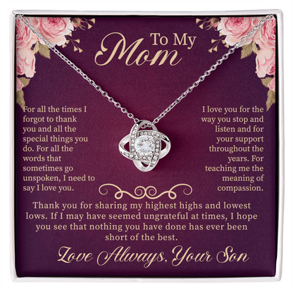 To My Mom Love Knot Necklace – Meaningful Gift for Mom – Mother's Day, Birthday, or Christmas Jewelry