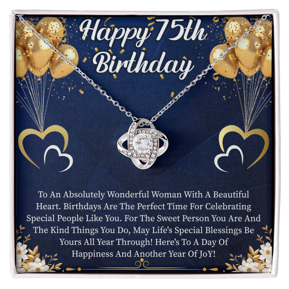 Happy 75th Birthday Love Knot Necklace – Meaningful 75th Birthday Gift for Her – Elegant Jewelry with Message Card