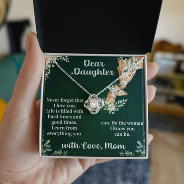 Dear Daughter Love Knot Necklace – Meaningful Gift from Mom or Dad – Sentimental Jewelry with Message Card
