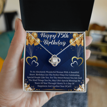 Happy 75th Birthday Love Knot Necklace – Meaningful 75th Birthday Gift for Her – Elegant Jewelry with Message Card