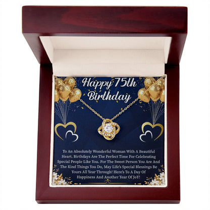 Happy 75th Birthday Love Knot Necklace – Meaningful 75th Birthday Gift for Her – Elegant Jewelry with Message Card