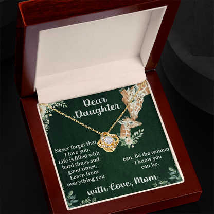 Dear Daughter Love Knot Necklace – Meaningful Gift from Mom or Dad – Sentimental Jewelry with Message Card