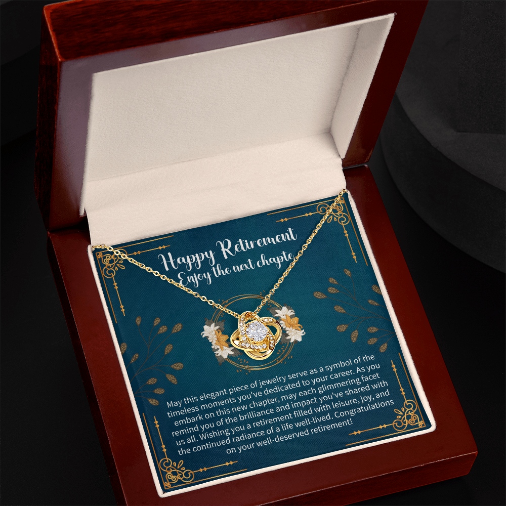 Happy Retirement Love Knot Necklace – Retirement Gift for Women – Meaningful Jewelry with Message Card