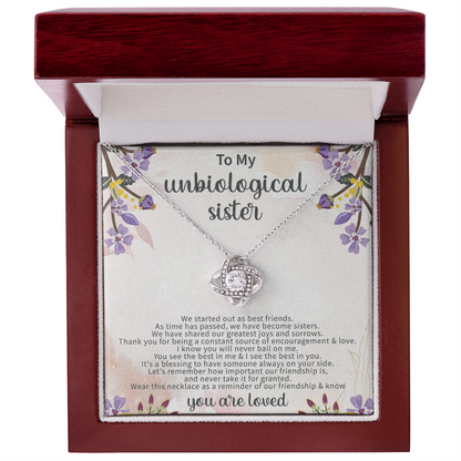 To My Unbiological Sister Love Knot Necklace – Soul Sister Gift – Meaningful Friendship Jewelry with Message Card