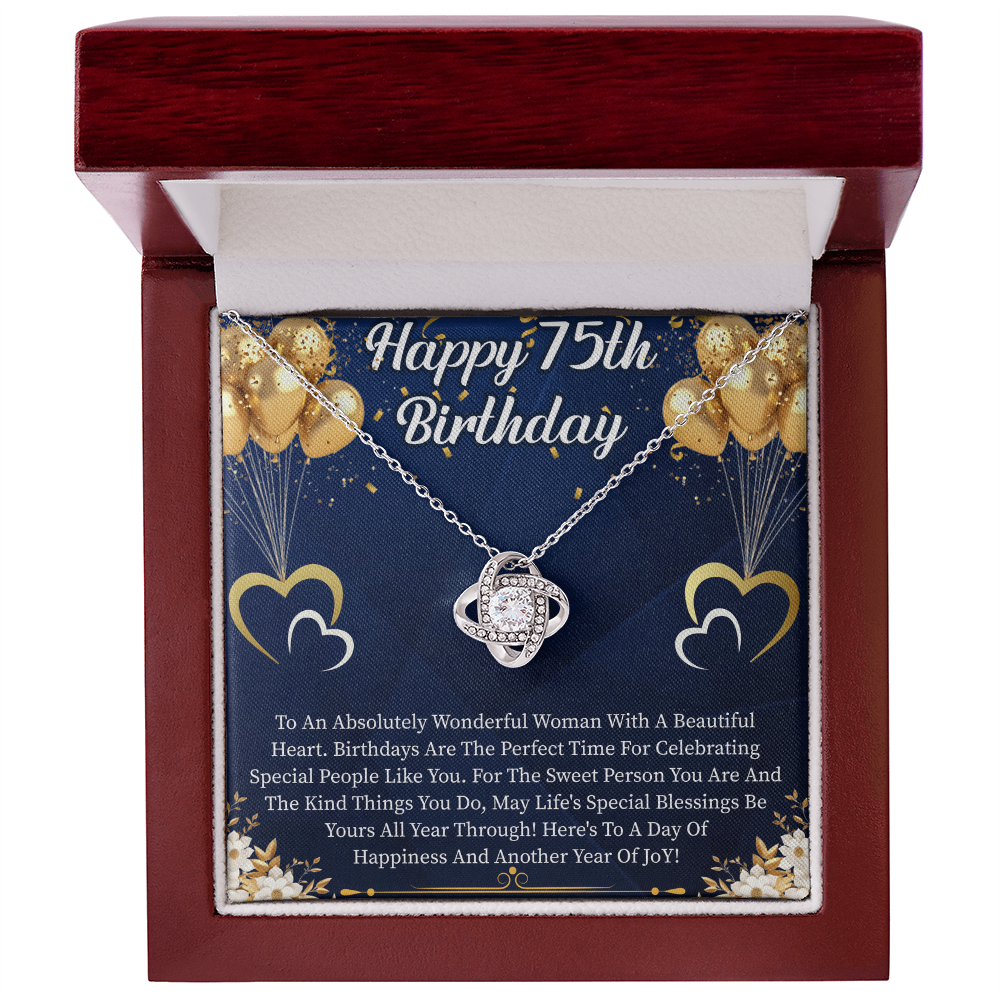 Happy 75th Birthday Love Knot Necklace – Meaningful 75th Birthday Gift for Her – Elegant Jewelry with Message Card
