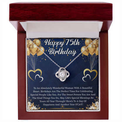 Happy 75th Birthday Love Knot Necklace – Meaningful 75th Birthday Gift for Her – Elegant Jewelry with Message Card