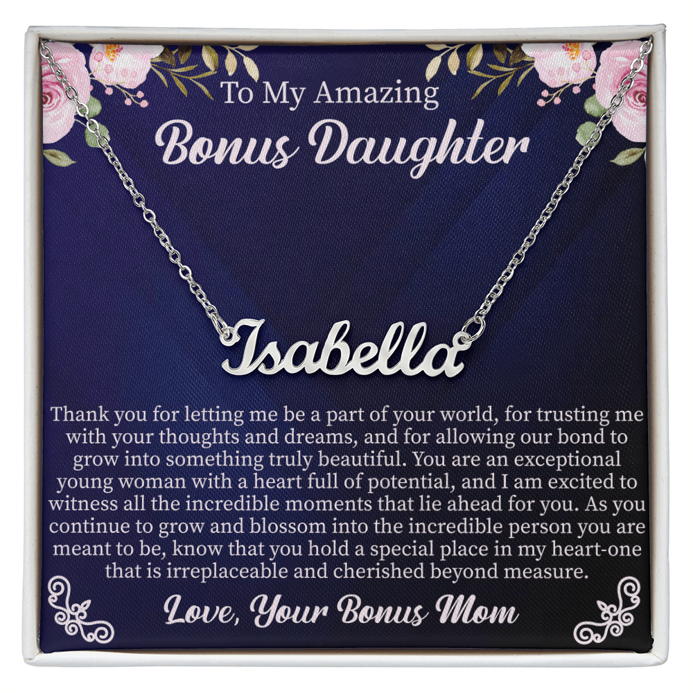 To My Amazing Bonus Daughter Custom Name Necklace – Personalized Gift for Bonus Daughter – Meaningful Jewelry with Message Card