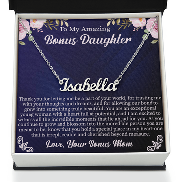 To My Amazing Bonus Daughter Custom Name Necklace – Personalized Gift for Bonus Daughter – Meaningful Jewelry with Message Card