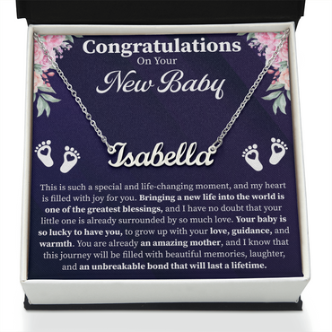 Congratulations on Your New Baby Custom Name Necklace – Personalized New Mom Gift – Meaningful Jewelry with Message Card