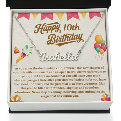 Happy 10th Birthday Custom Name Necklace – Personalized Birthday Gift for Girl – Cute Name Jewelry with Message Card