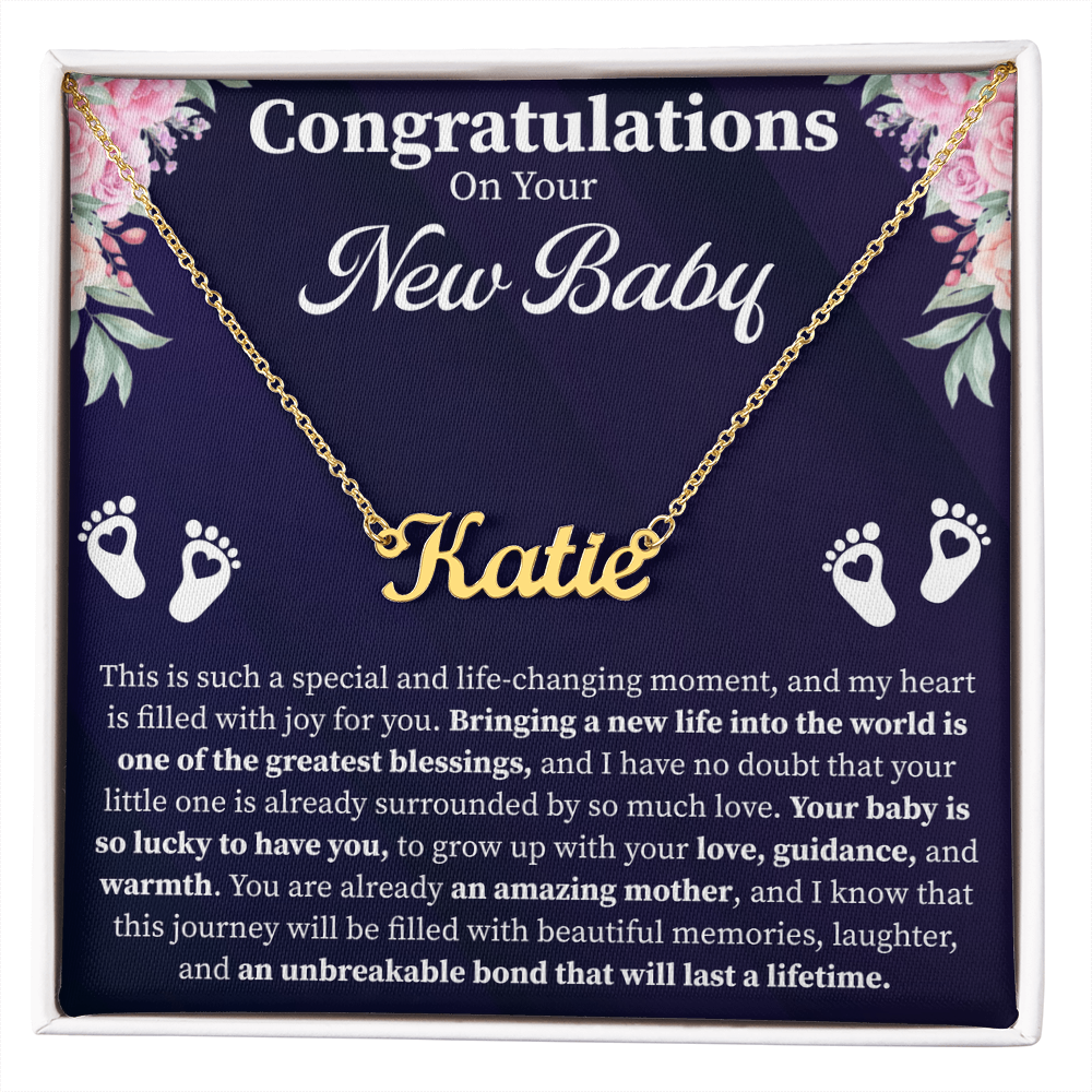 Congratulations on Your New Baby Custom Name Necklace – Personalized New Mom Gift – Meaningful Jewelry with Message Card