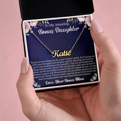 To My Amazing Bonus Daughter Custom Name Necklace – Personalized Gift for Bonus Daughter – Meaningful Jewelry with Message Card