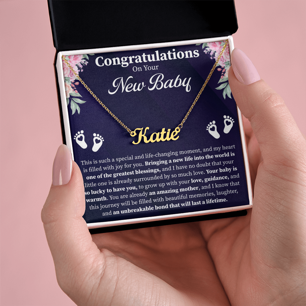 Congratulations on Your New Baby Custom Name Necklace – Personalized New Mom Gift – Meaningful Jewelry with Message Card