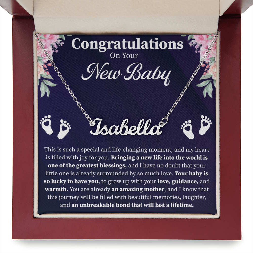 Congratulations on Your New Baby Custom Name Necklace – Personalized New Mom Gift – Meaningful Jewelry with Message Card