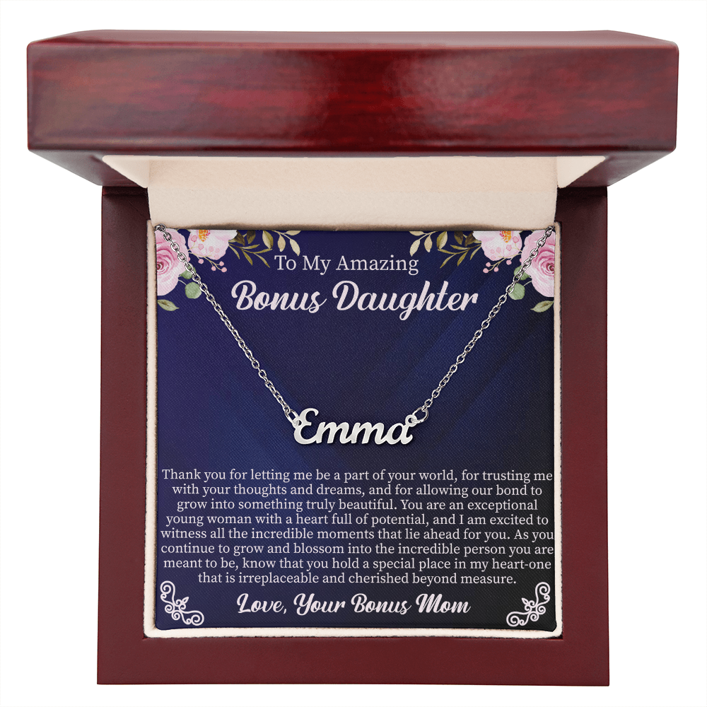 To My Amazing Bonus Daughter Custom Name Necklace – Personalized Gift for Bonus Daughter – Meaningful Jewelry with Message Card