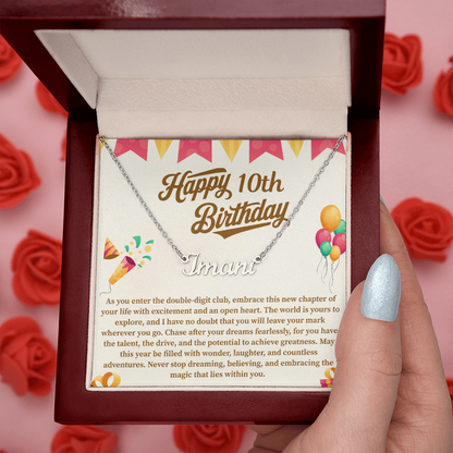 Happy 10th Birthday Custom Name Necklace – Personalized Birthday Gift for Girl – Cute Name Jewelry with Message Card