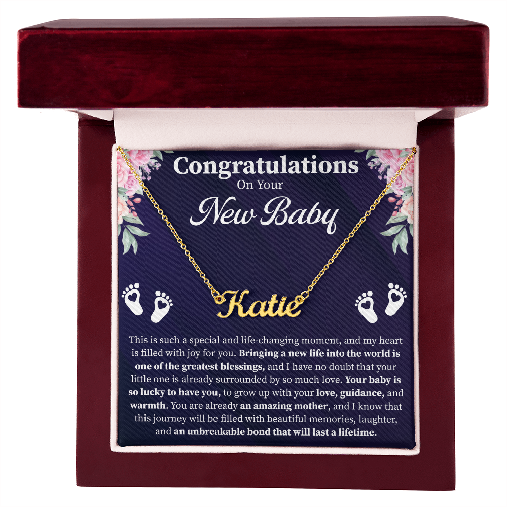 Congratulations on Your New Baby Custom Name Necklace – Personalized New Mom Gift – Meaningful Jewelry with Message Card