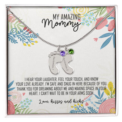 To My Amazing Mommy Baby Feet Necklace with Birthstone – Personalized Gift for Mom – Custom Baby Feet Jewelry