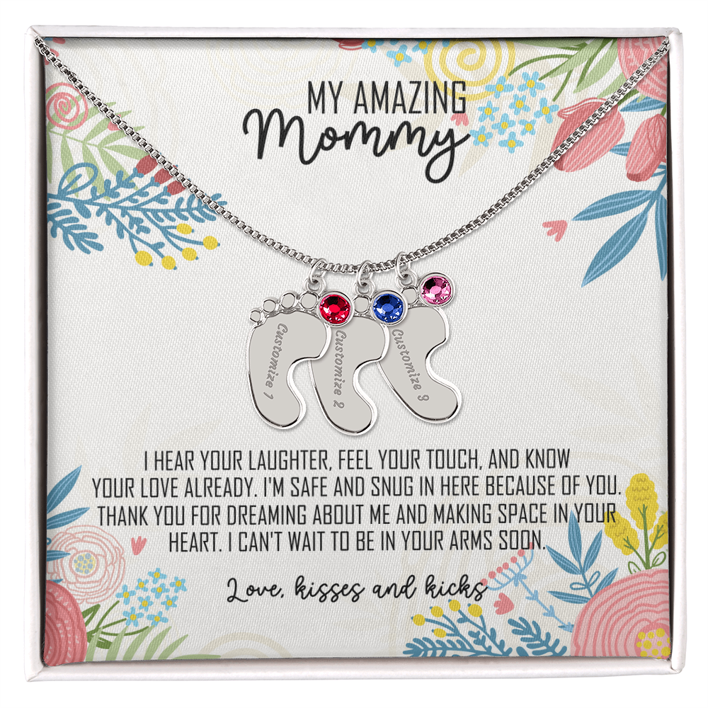 To My Amazing Mommy Baby Feet Necklace with Birthstone – Personalized Gift for Mom – Custom Baby Feet Jewelry