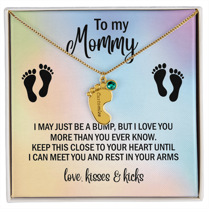 To My Mommy Personalized Baby Feet Necklace – Engraved Birthstone Jewelry – Meaningful Mother's Gift from Child