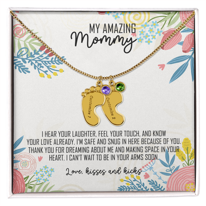 To My Amazing Mommy Baby Feet Necklace with Birthstone – Personalized Gift for Mom – Custom Baby Feet Jewelry
