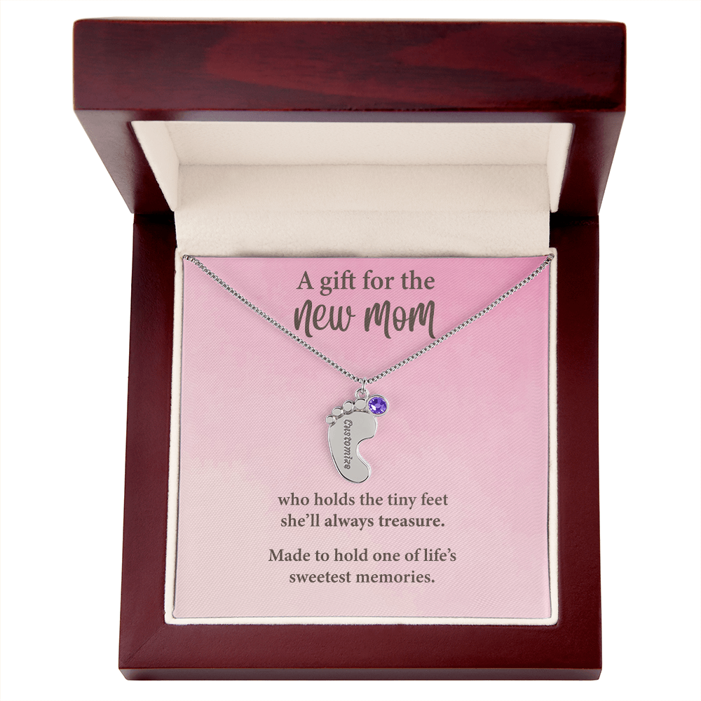 New Mom Baby Feet Necklace with Birthstone – Personalized Mother Gift – Newborn Baby Keepsake Jewelry