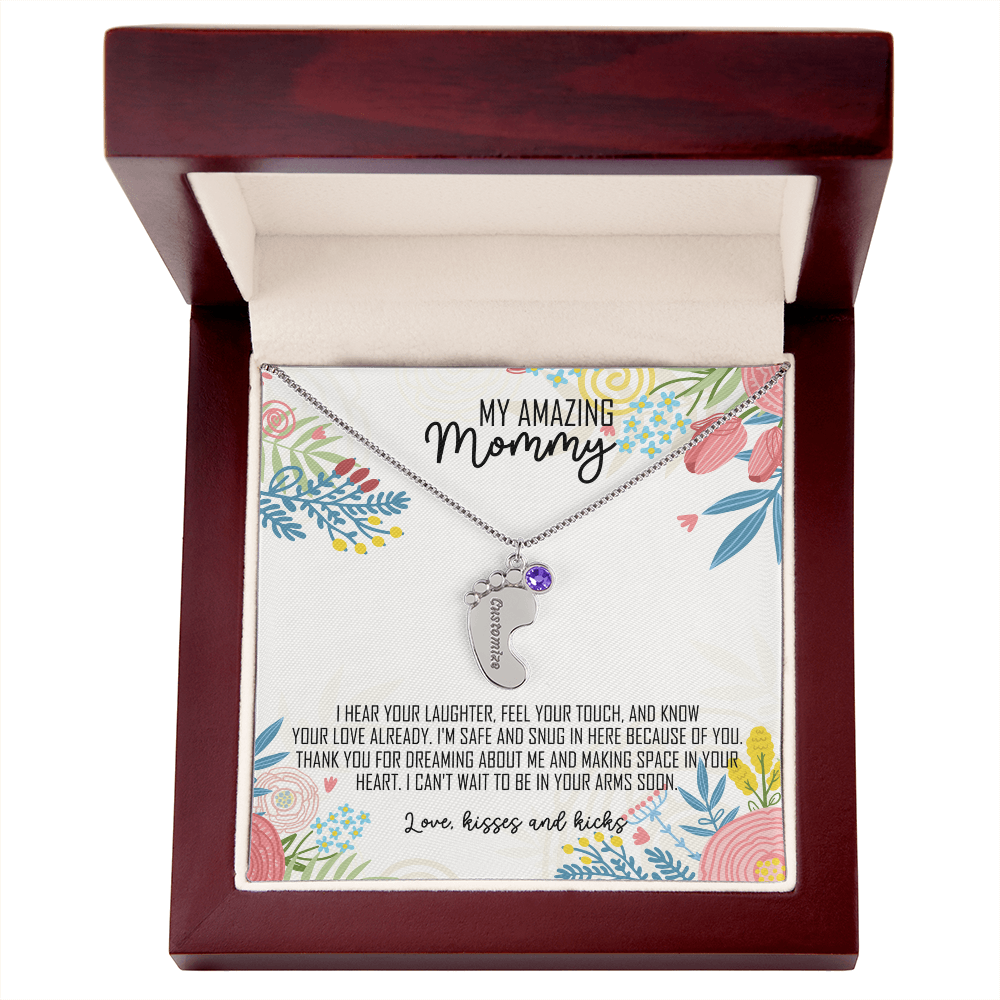 To My Amazing Mommy Baby Feet Necklace with Birthstone – Personalized Gift for Mom – Custom Baby Feet Jewelry